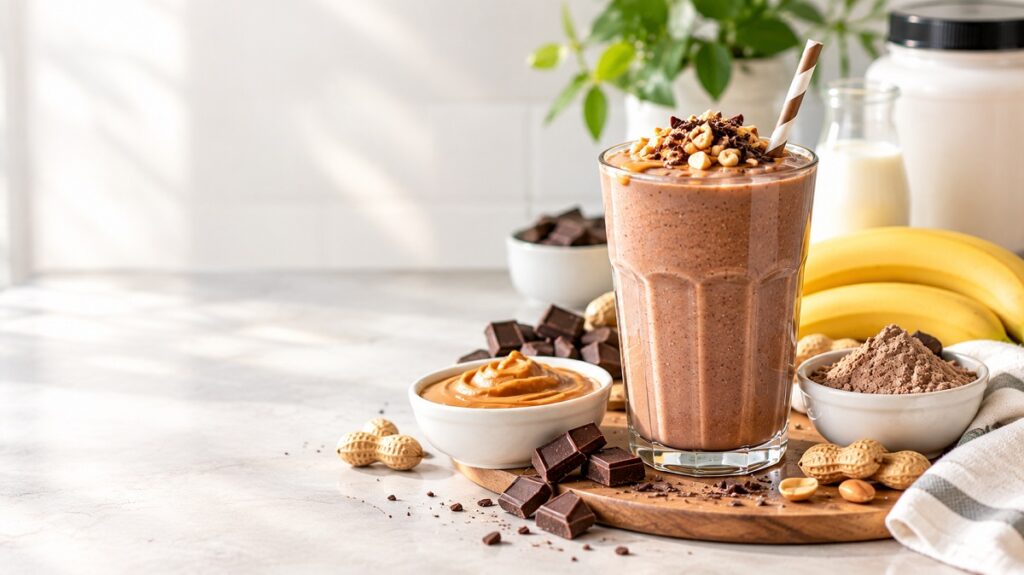 Creamy chocolate banana protein shake topped with banana slices and cocoa powder on a wooden countertop.