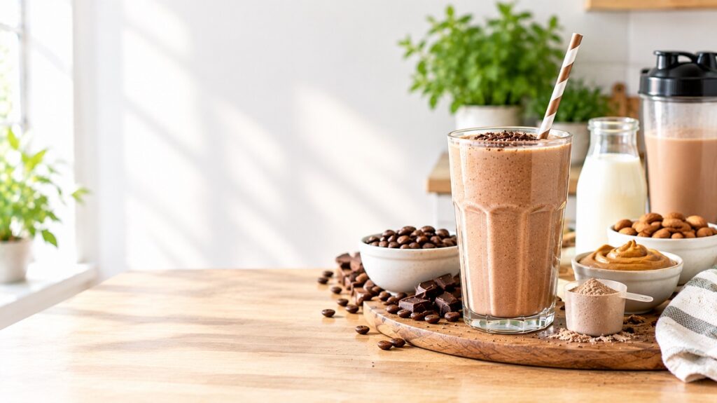 Creamy coffee protein shake with espresso, protein powder, coffee beans, and milk in a stylish glass.