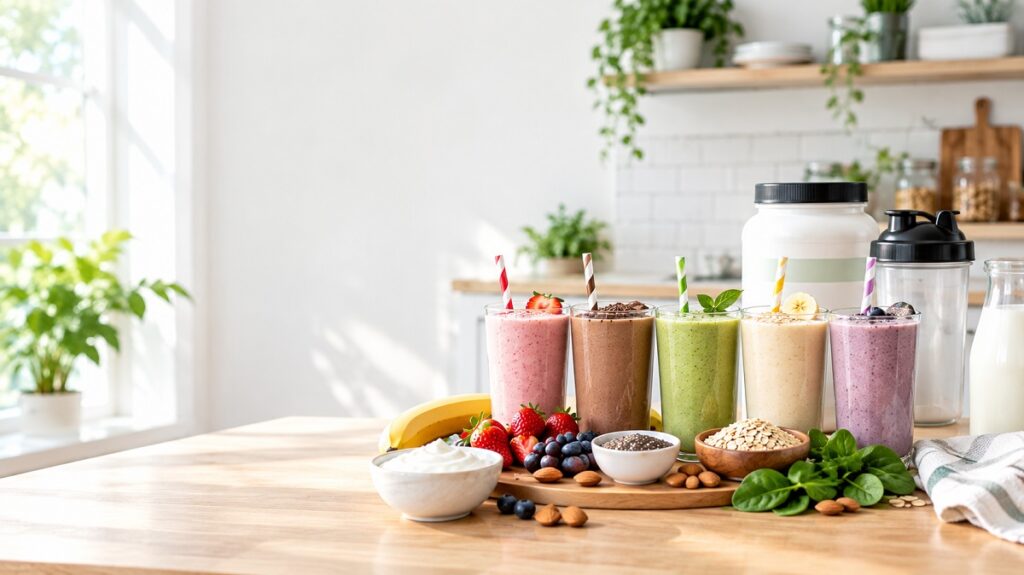 Healthy protein shake with berries, banana, spinach, chia seeds, almonds, and protein powder representing women's healthy nutrition.
