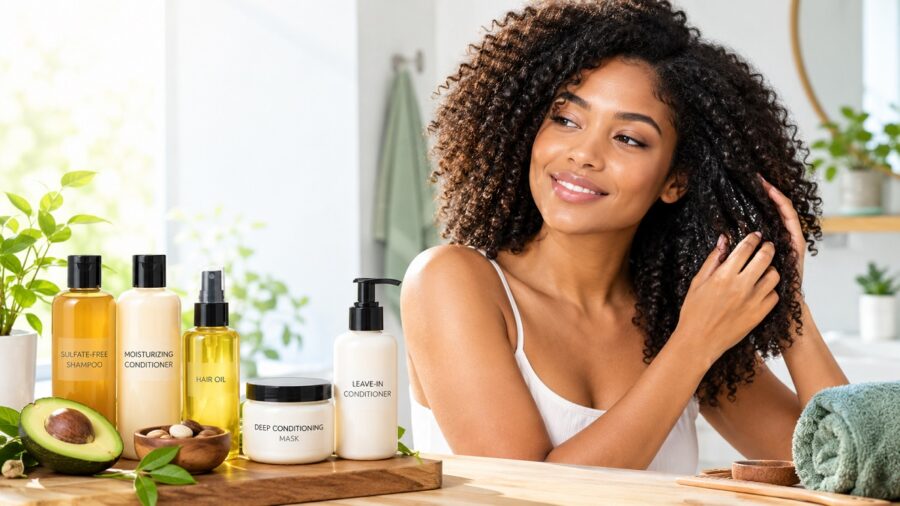 Natural-haired woman using the best hair care products, including leave-in conditioner, shampoo, and hair oil, for healthy, hydrated curls.