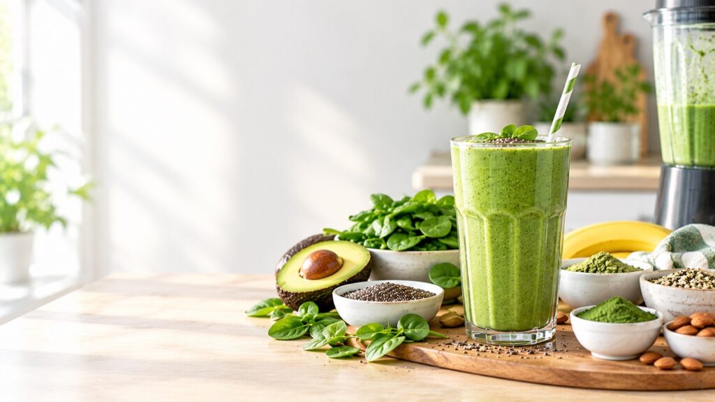 Green protein shake with spinach, avocado, kiwi, cucumber, and protein powder on a clean kitchen countertop.
