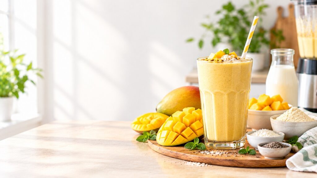 Tropical mango protein milkshake with fresh mango, pineapple, coconut, and protein powder served in a clear glass.