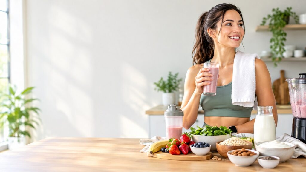 Healthy woman enjoying a protein shake after a workout in a bright modern kitchen, representing nutrition and fitness.