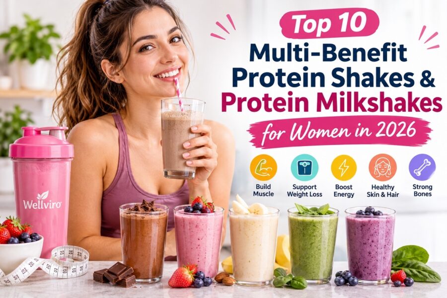 Collection of healthy protein shakes for women made with fruits, protein powder, milk, and natural ingredients on a bright kitchen counter.