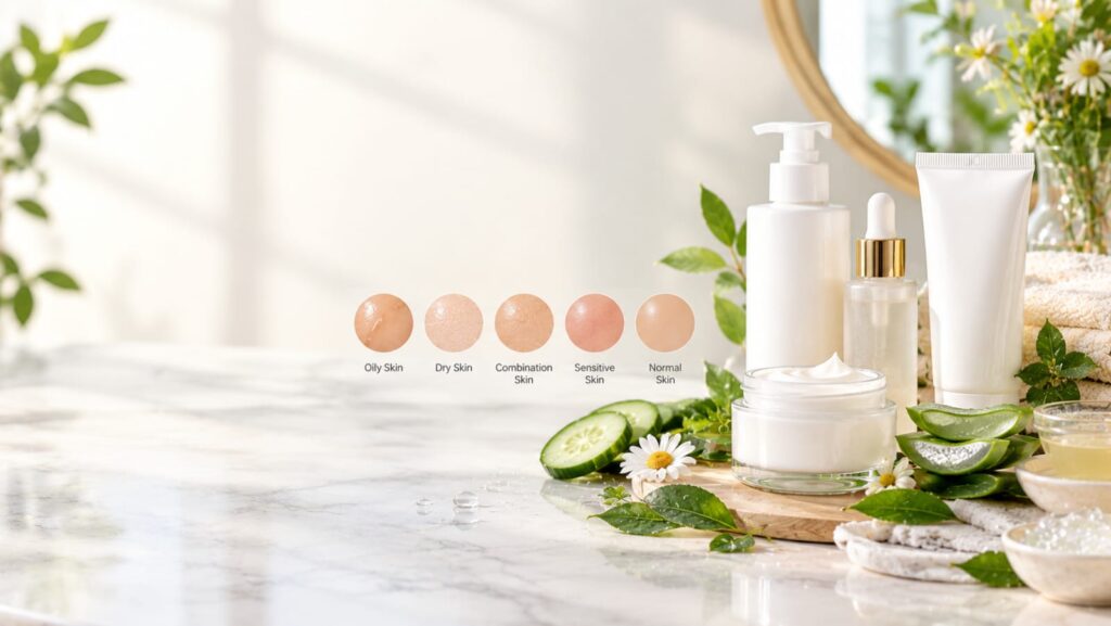 Person identifying their skin type to choose the right skincare products and maintain healthy, balanced skin.
Image Description: