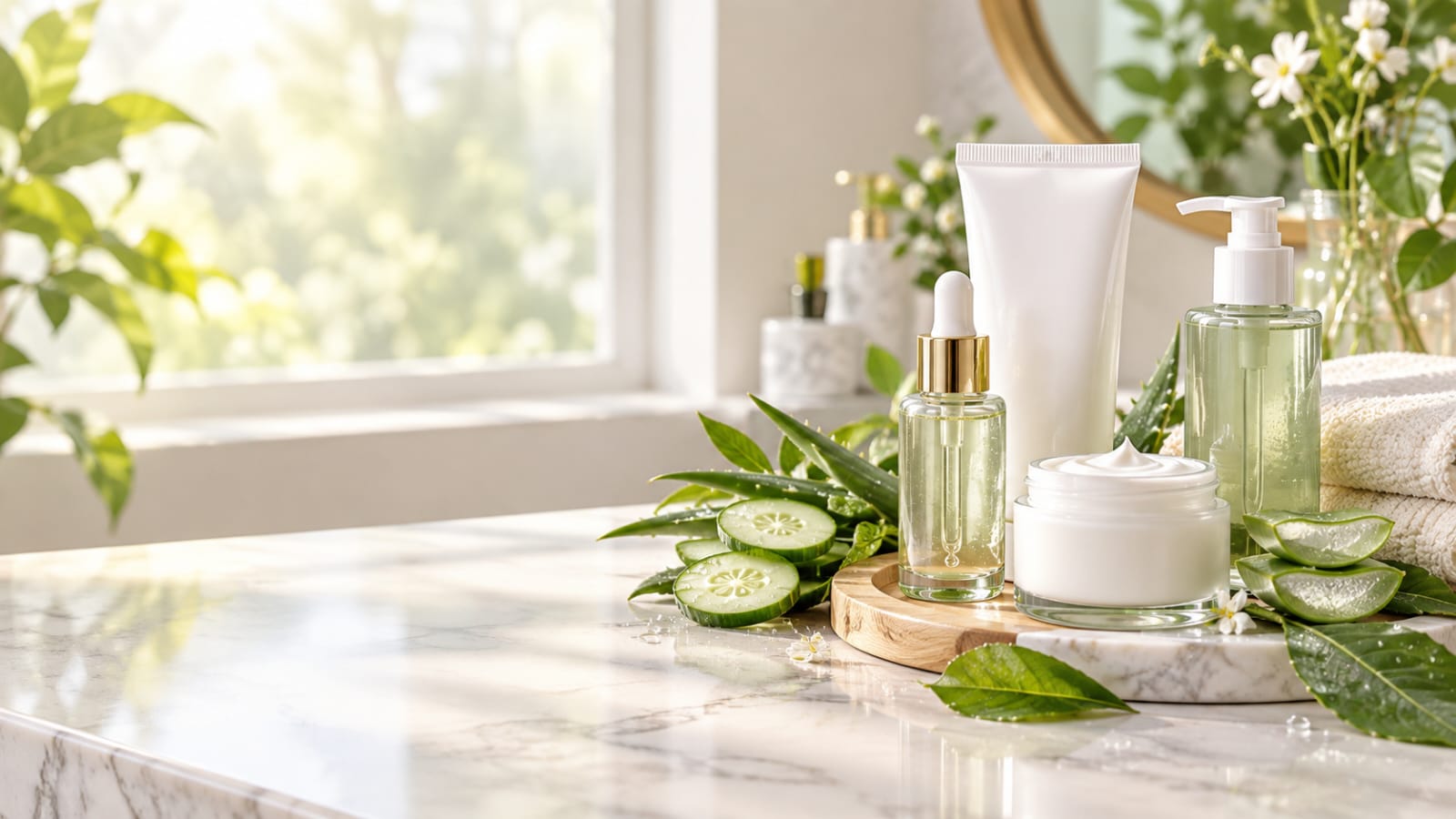 Person with naturally healthy, glowing skin following a daily skincare routine in a bright, clean environment.
