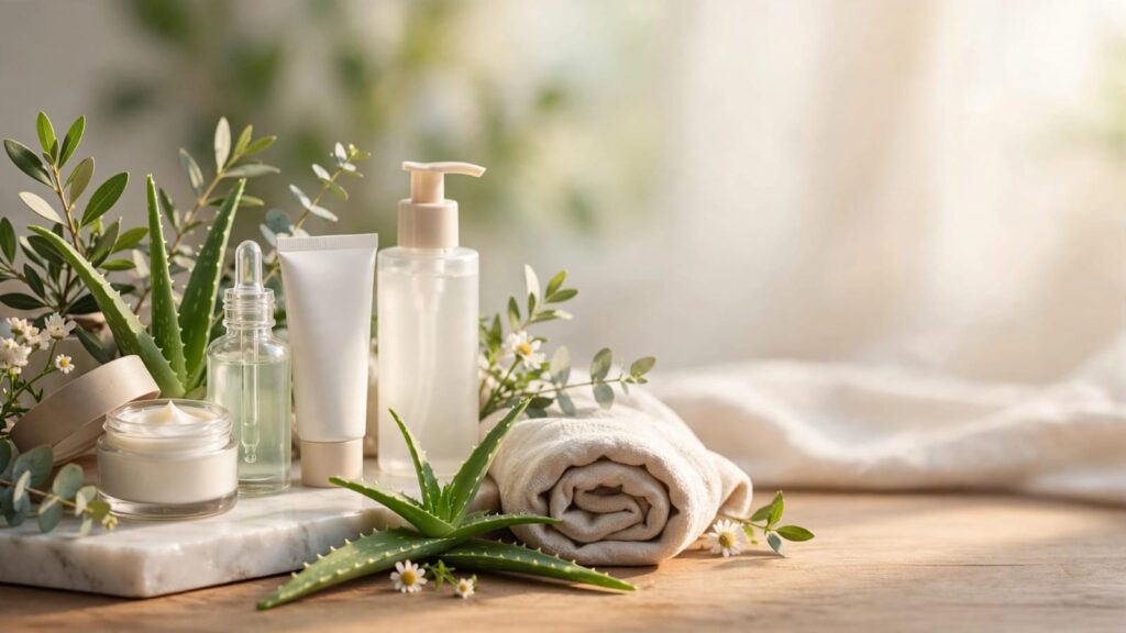 Complete skincare routine with cleanser, moisturizer, sunscreen, and healthy lifestyle essentials.