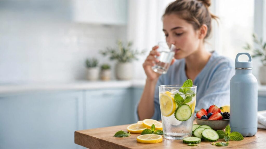 Glass of fresh water with lemon beside a healthy lifestyle setup promoting skin hydration