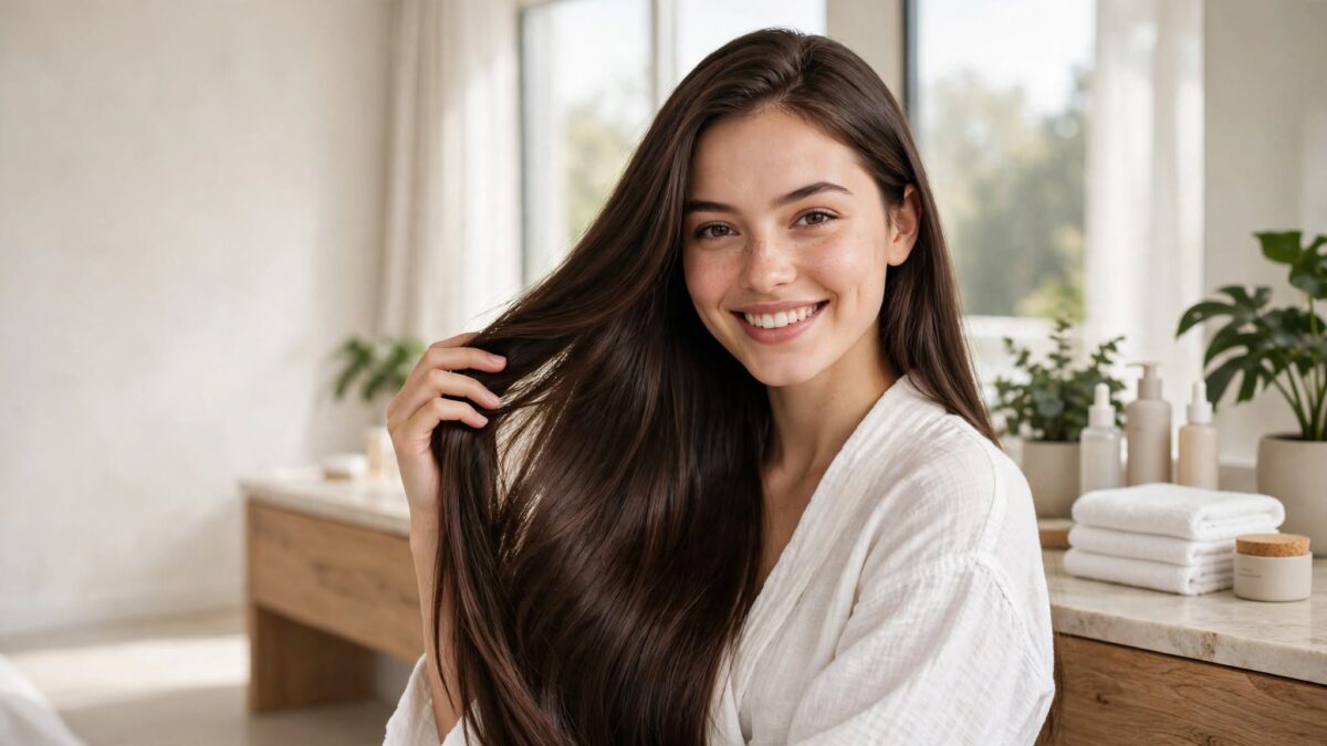 Young woman with smooth shiny keratin-treated hair showing healthy and frizz-free hair care results
