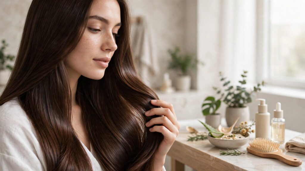 Woman touching smooth shiny hair showing the benefits of keratin treatment.