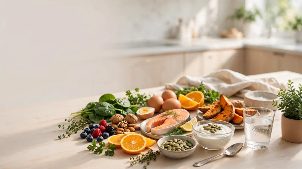 Healthy foods including eggs salmon nuts and vegetables that support strong hair growth