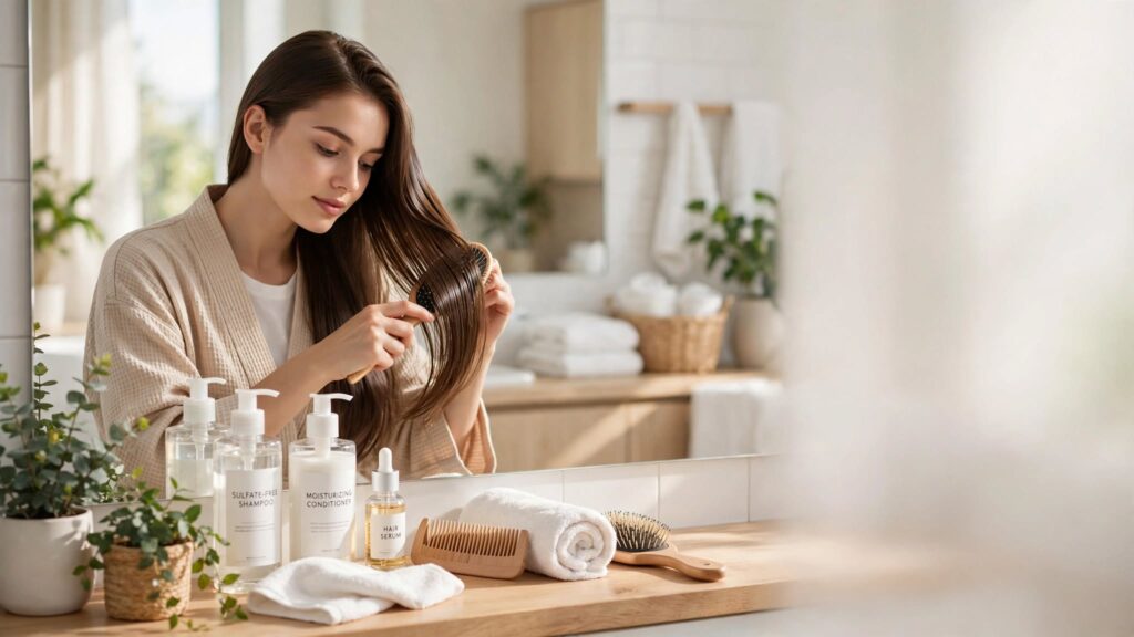 Keratin-treated hair care routine with shampoo conditioner and hair serum