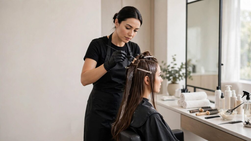 Hairstylist applying keratin treatment to a client's hair in a modern salon.