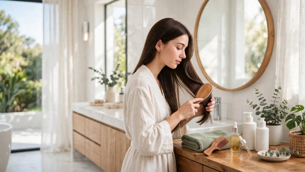 Woman following a hair care routine with serum and brush for smooth keratin-treated hair