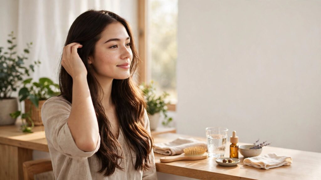 Woman with naturally shiny healthy hair representing long-term hair care habits