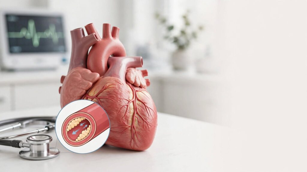 Medical illustration showing coronary artery blockage and reduced blood flow during a heart attack