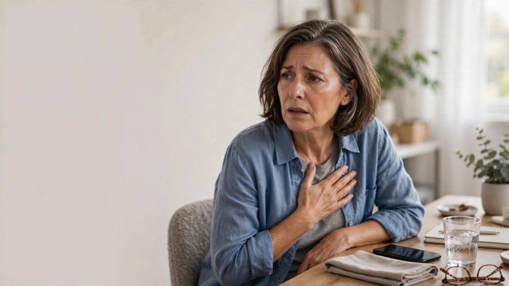 Adult experiencing early heart attack warning signs including chest discomfort and shortness of breath