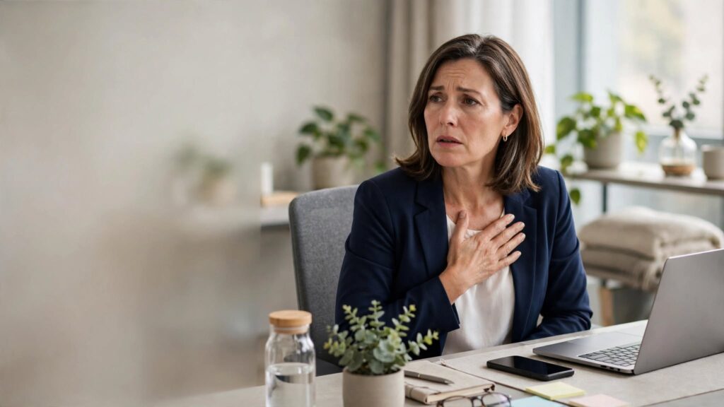 Woman showing possible heart attack symptoms including chest discomfort and shortness of breath
