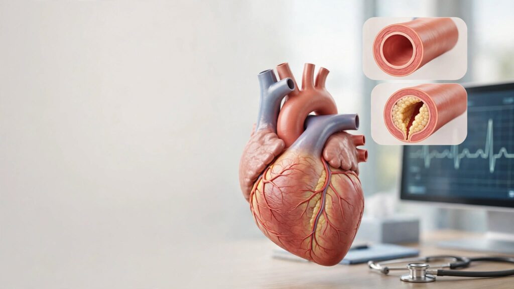 Medical illustration showing plaque buildup inside a coronary artery causing blockage
