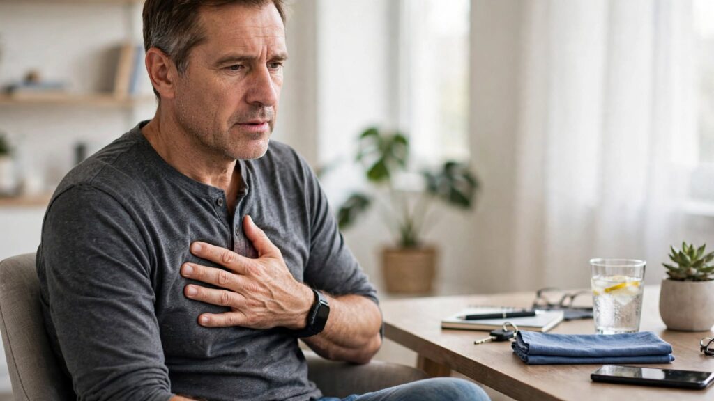 Man experiencing chest pain and possible heart attack symptoms