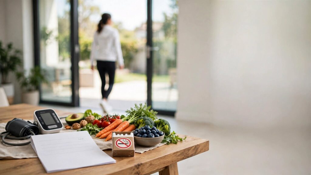 Person following a healthy lifestyle with exercise and nutritious foods for heart health
