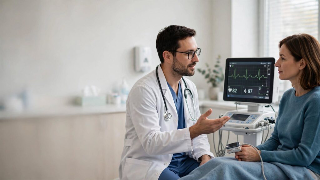 Doctor reviewing ECG results while diagnosing a patient's heart condition