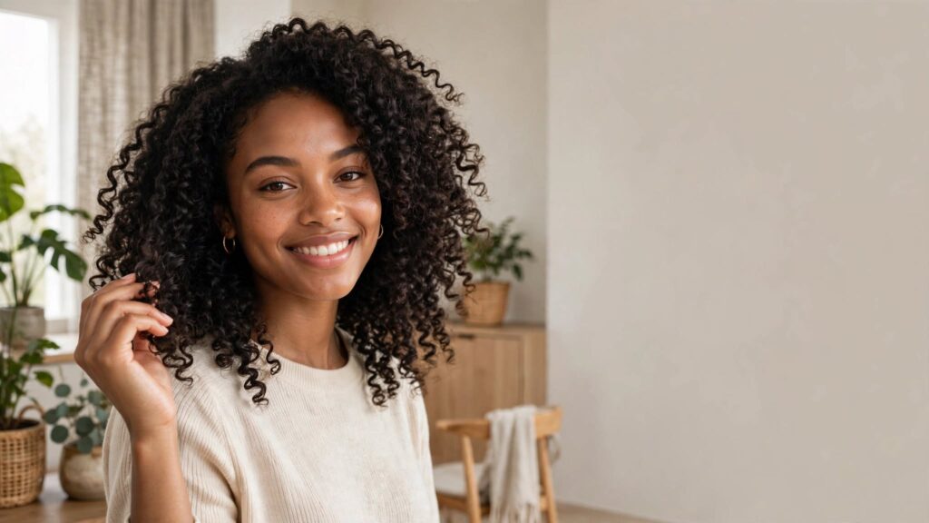 Woman with healthy natural curly hair showing the importance of proper hydration and care routine