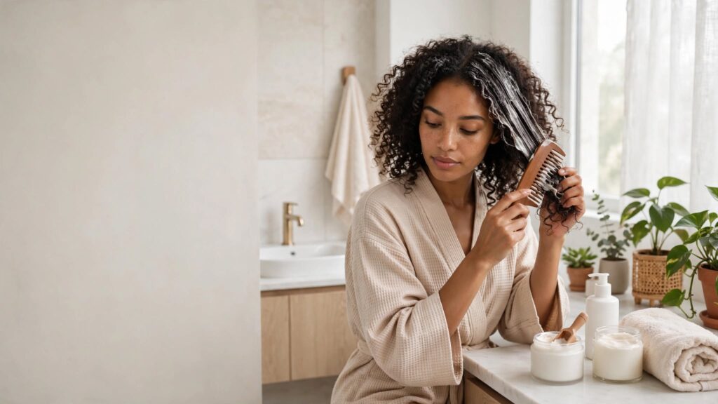 Deep hair mask treatment helping moisturize and strengthen dry natural hair