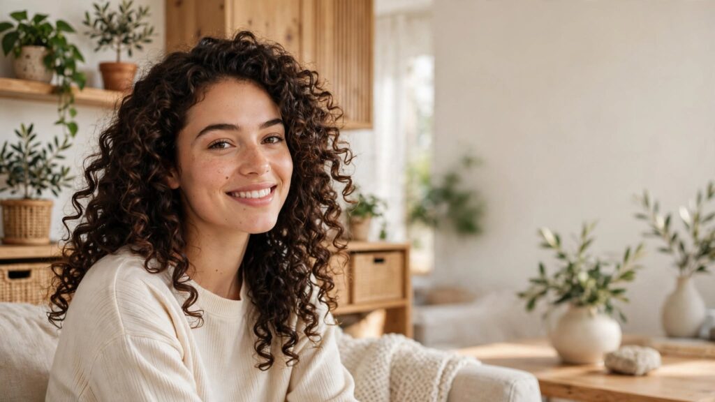 Person applying leave-in conditioner to natural curly hair to boost moisture, reduce frizz, and improve curl definition.