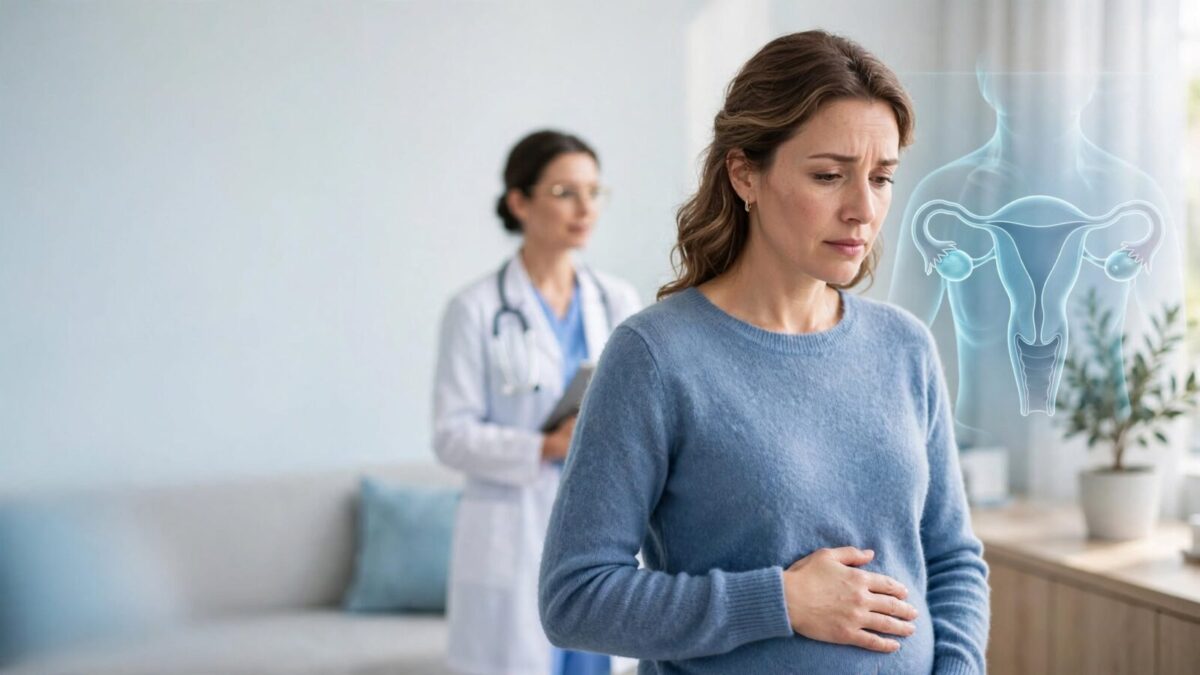 Woman learning about ovarian cancer symptoms and early warning signs with medical support