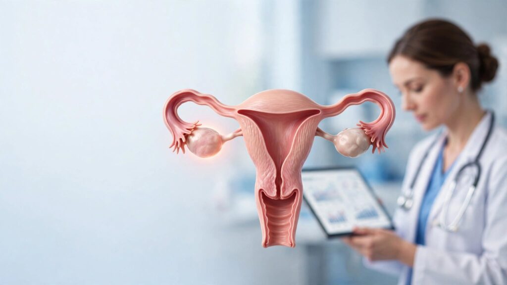 Medical illustration showing ovaries and female reproductive system affected by ovarian cancer