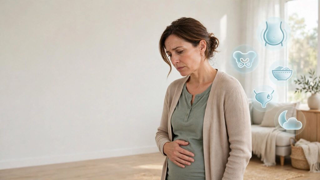 Woman experiencing common ovarian cancer symptoms like bloating and pelvic discomfort