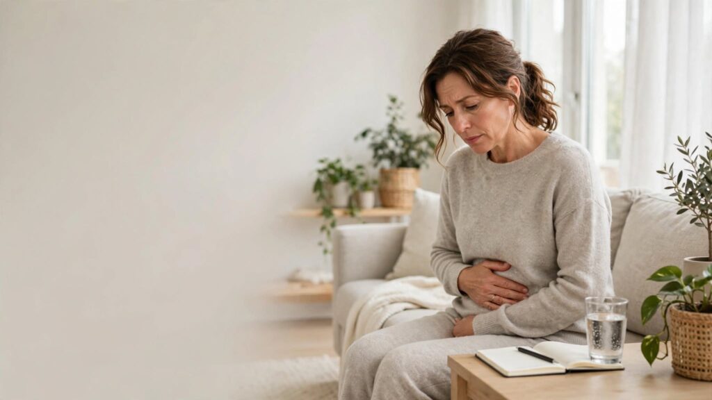 Woman experiencing abdominal bloating and pelvic pain at home