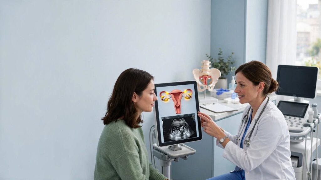 Doctor using ultrasound and medical tests to diagnose ovarian cancer