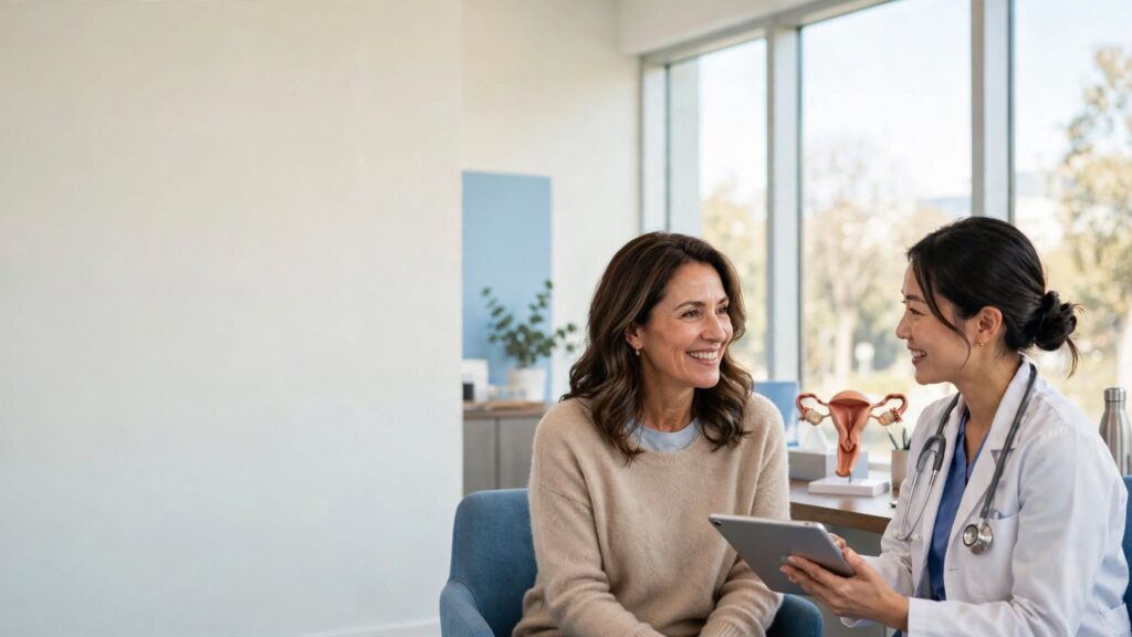 Woman talking with doctor about early detection and ovarian cancer awareness